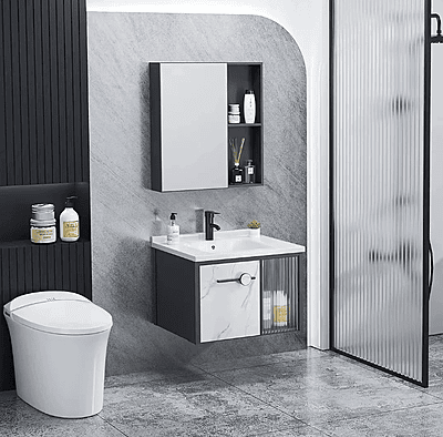 BLACK & CREAM ALUMINIUM BATHROOM VANITY WITH CABINET & MIRROR SMALL BLACK & CREAM ALUMINIUM BATHROOM VANITY WITH CABINET & MIRROR SMALL