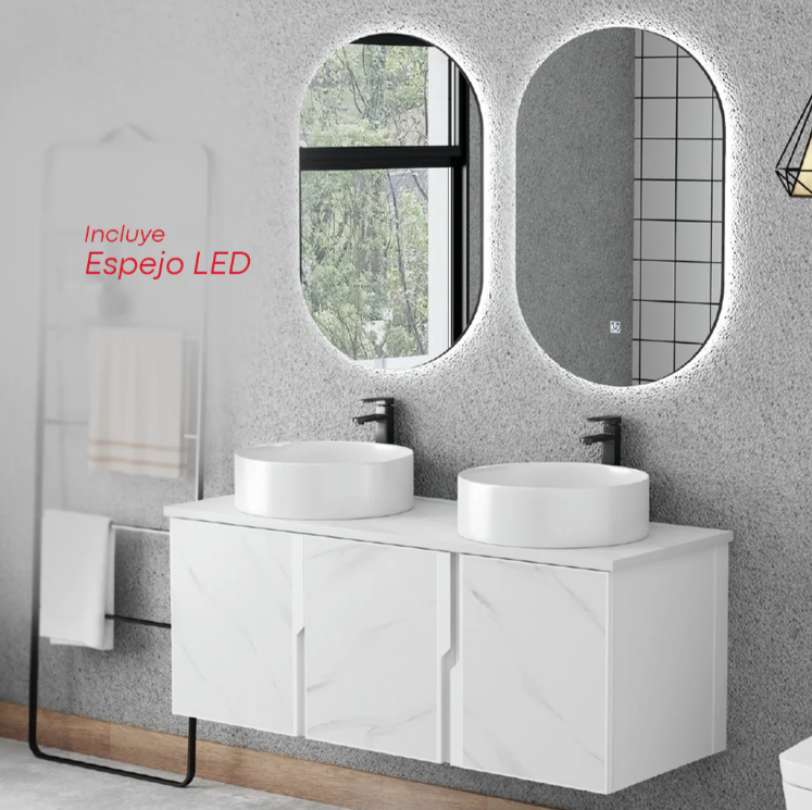 WHITE ALUMINIUM BATHROOM VANITY WITH SINKS & 2 LED MIRRORS WHITE ALUMINIUM BATHROOM VANITY WITH SINKS & 2 LED MIRRORS